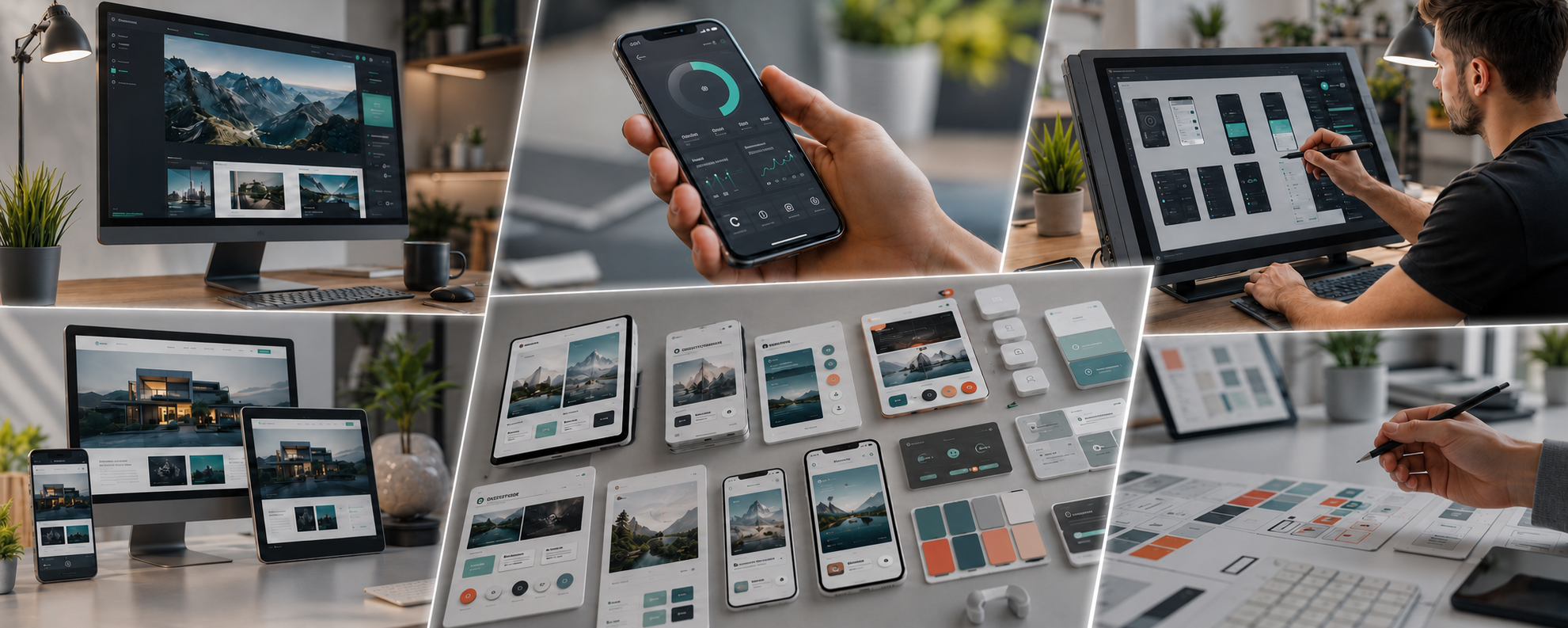 Collage aus Webdesign, responsiven Websites, App-Oberflächen und digitaler Gestaltung