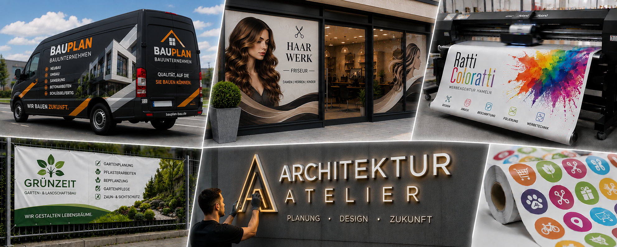 Collage aus Fahrzeugbeschriftung, Schaufenstergestaltung, Großformatdruck, Werbebanner und Schildermontage